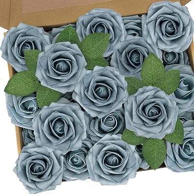N&T NIETING Artificial Roses 25Pcs Real Touch Foam Stems Dusty Blue