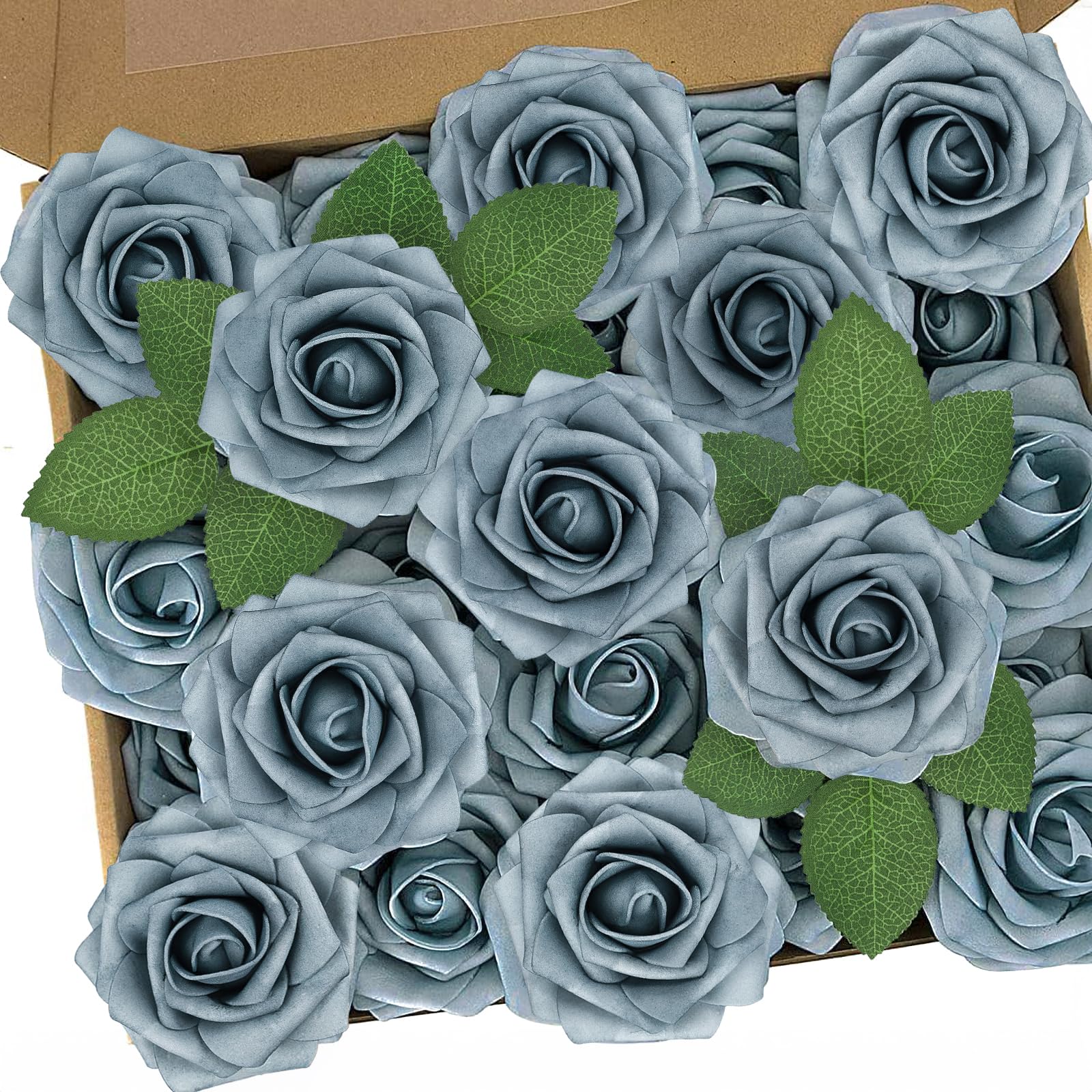Photo 1 of N&T NIETING Artificial Flowers, 50pcs Foam Roses Fake Flowers DIY Wedding Party Cake Decoration, Home Display, Dusty Blue Gray