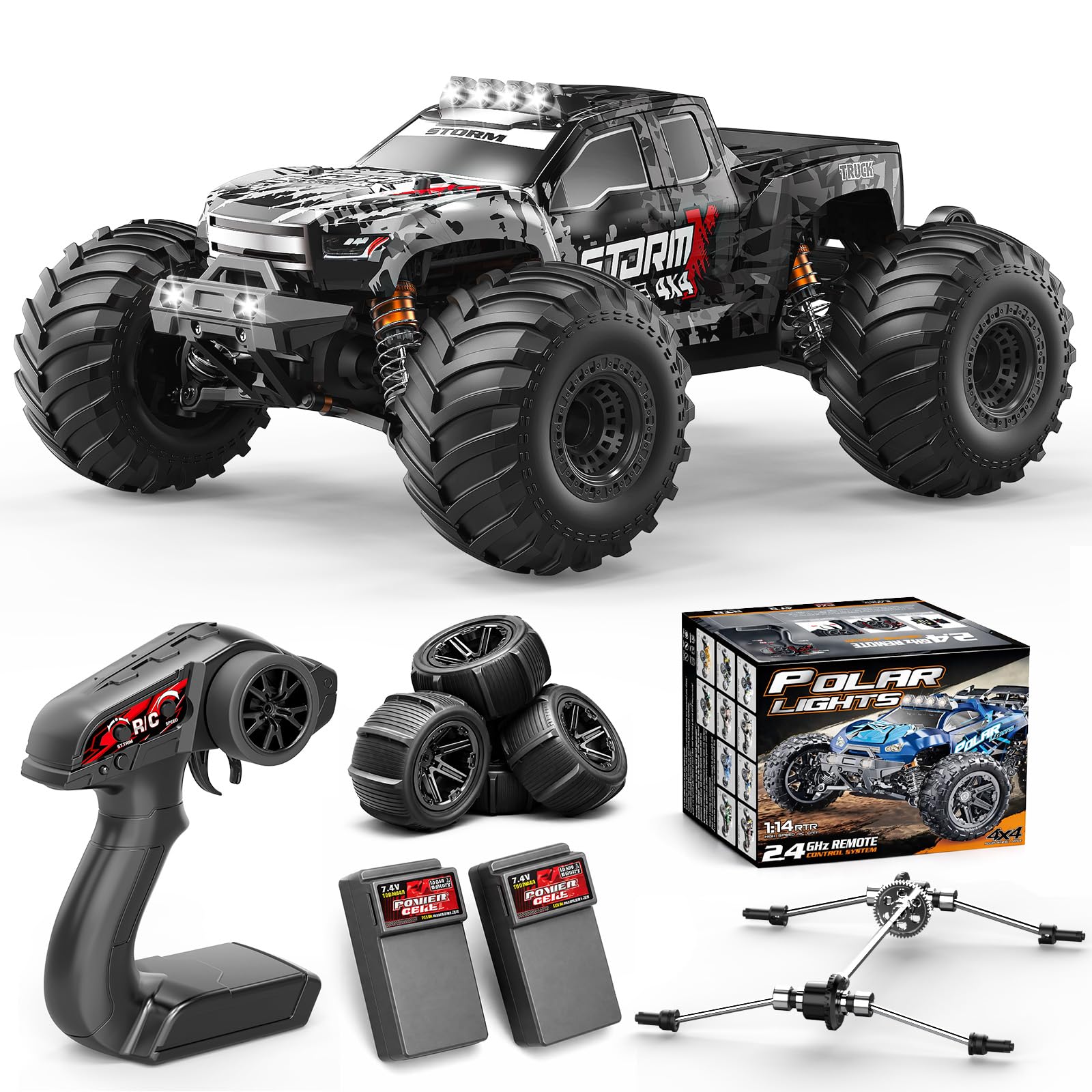 Womaqu Rc Cars for Adults & Boys 1:14 4WD Off-Road RC Monster Truck High Speed 40 km/h, 4x4 Remote Control Car with 2 Rechargeable 1300mAh Batteries and 2 Sets of Tires