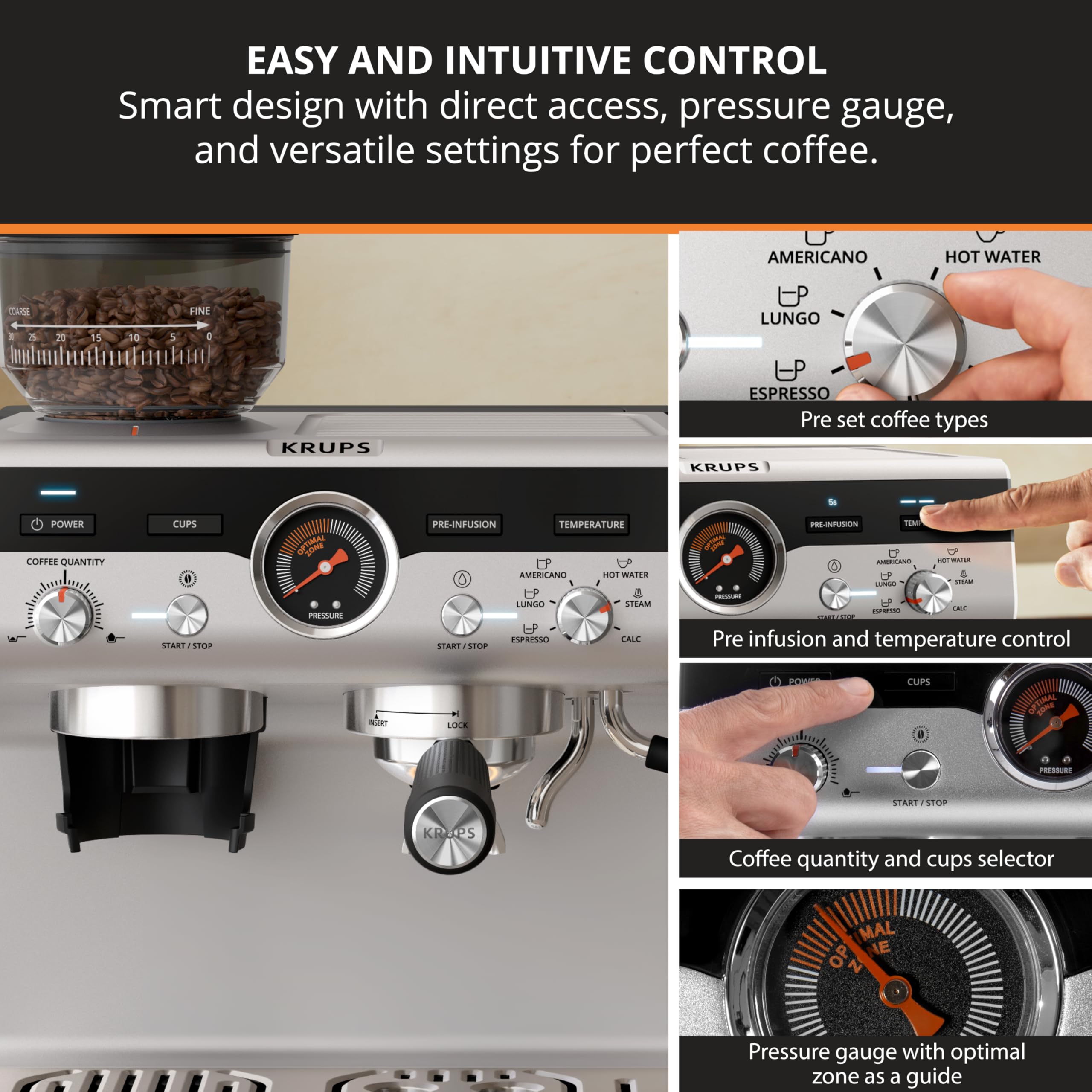 KRUPS Máquina de café expreso de precisión con molinillo, máquina para hacer café con leche y capuchino, presión de bomba + varilla de vapor de espumador de leche, ajustes de molienda ajustables para resultados de calidad de barista, acero inoxidable y negro