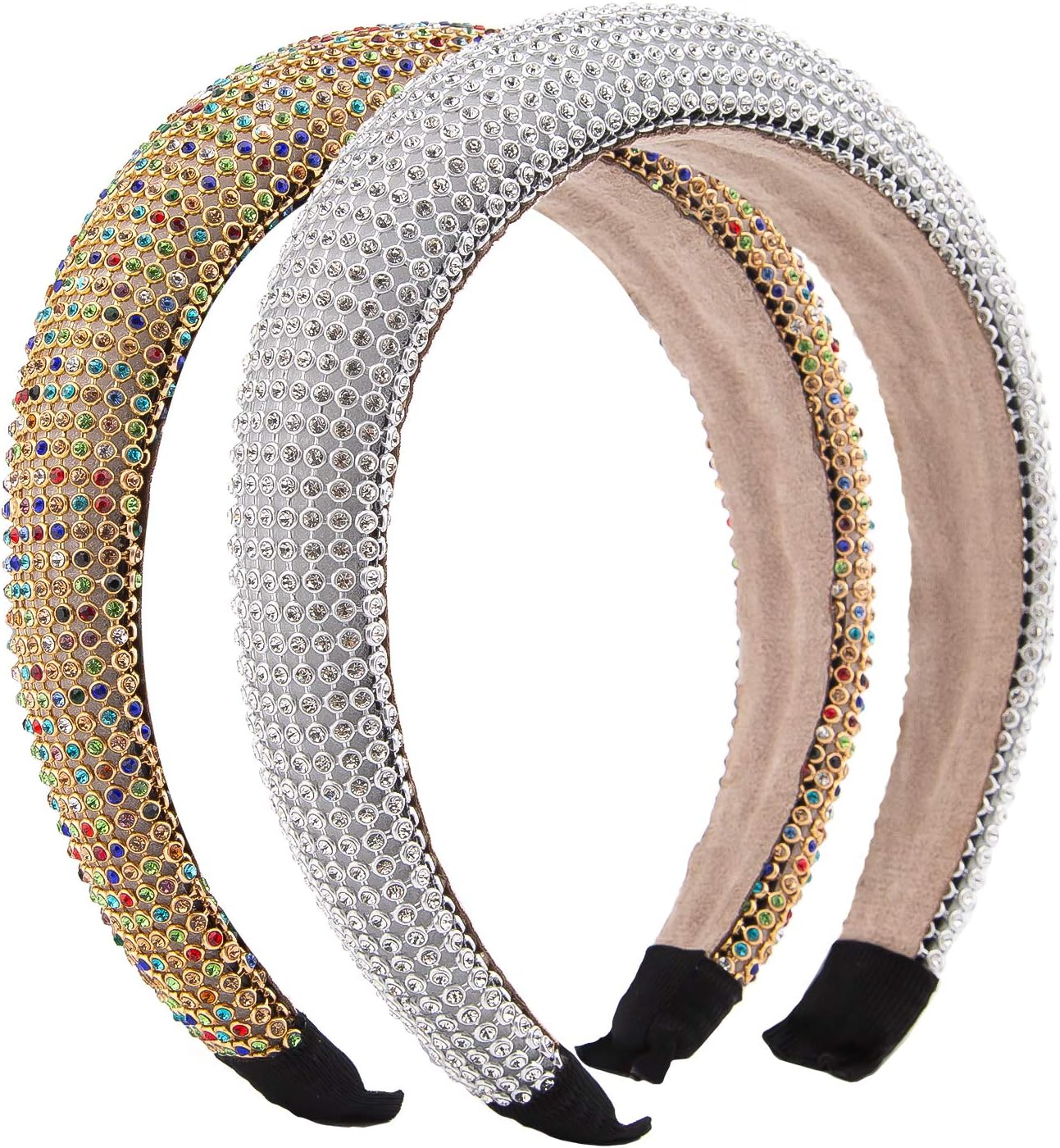 SAVITA 2Pcs Rhinestone Padded Headbands, Diamond Crystal Beaded