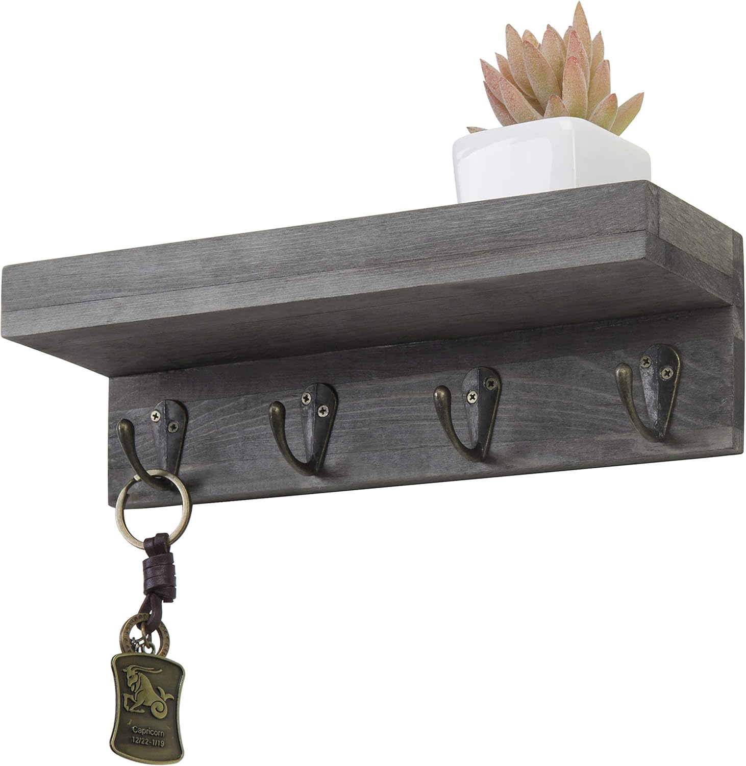 MyGift Vintage Grey Wood Wall Mounted Entryway Shelf with 4 Antique Metal Hooks: Home & Kitchen