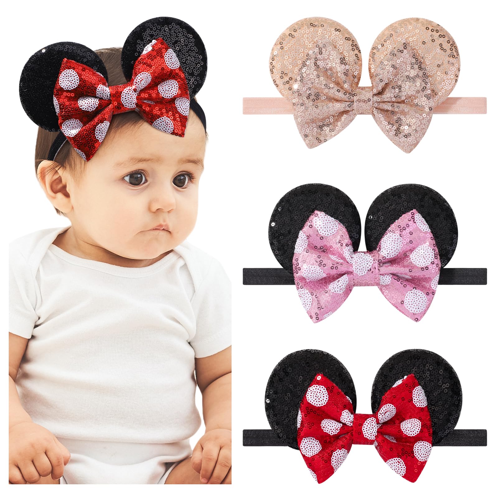 Photo 1 of choicbaby 3 PCS Mouse Ears Sequin Bow Nylon Hairband with Polka Dot Cute Baby Headbands Soft Hairbands Hair Accessories for Newborn Infant Toddler Party Supplies