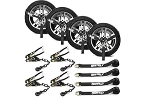 Nestilly 4 Pack Car Tie Down Straps for Trailers - Tire Ratchet Strap with Chain Anchors - 2" x 96" - 9900LBS Break Strength - Lasso Style Wheel Straps for Hauling UTV, SUV, Truck, Any Cars, Black