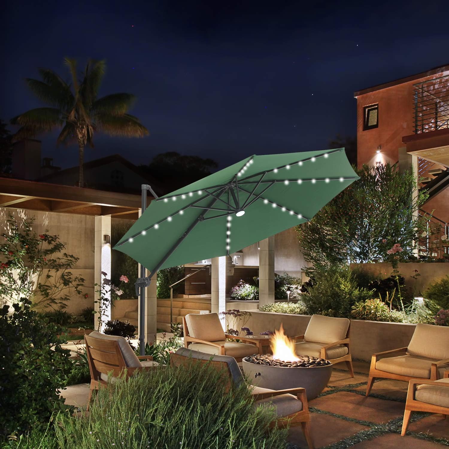 Amazon Com Klismos 10 Ft Patio Umbrella Cantilever Umbrella With Solar Led Light 360 Rotation Hanging Umbrella With Tilt Crank Outdoor Market Umbrella 8 Sturdy Ribs Green Garden Outdoor