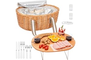 STBoo Picnic Basket for 2 - Wicker Picnic Set with Wine Table | Willow Basket Kit with Insulated Cooler Bag for Camping, Outdoor, Christmas, Party(Beige)