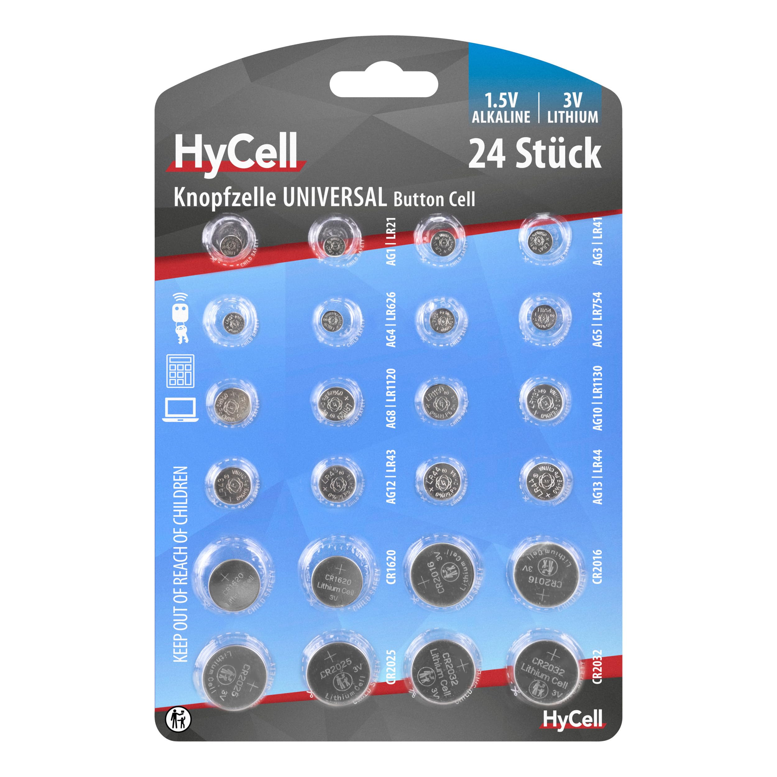 HYCELL Alkaline & Lithium Button Cells [Assorted Multipack of 24] Incl 2 of CR1620/CR2016/CR2025/CR2032/LR41/LR43/LR44/LR626/LR621/LR754/LR1120/LR1130 Coin Cells ideal for Watches, Car Keys, Toys etc