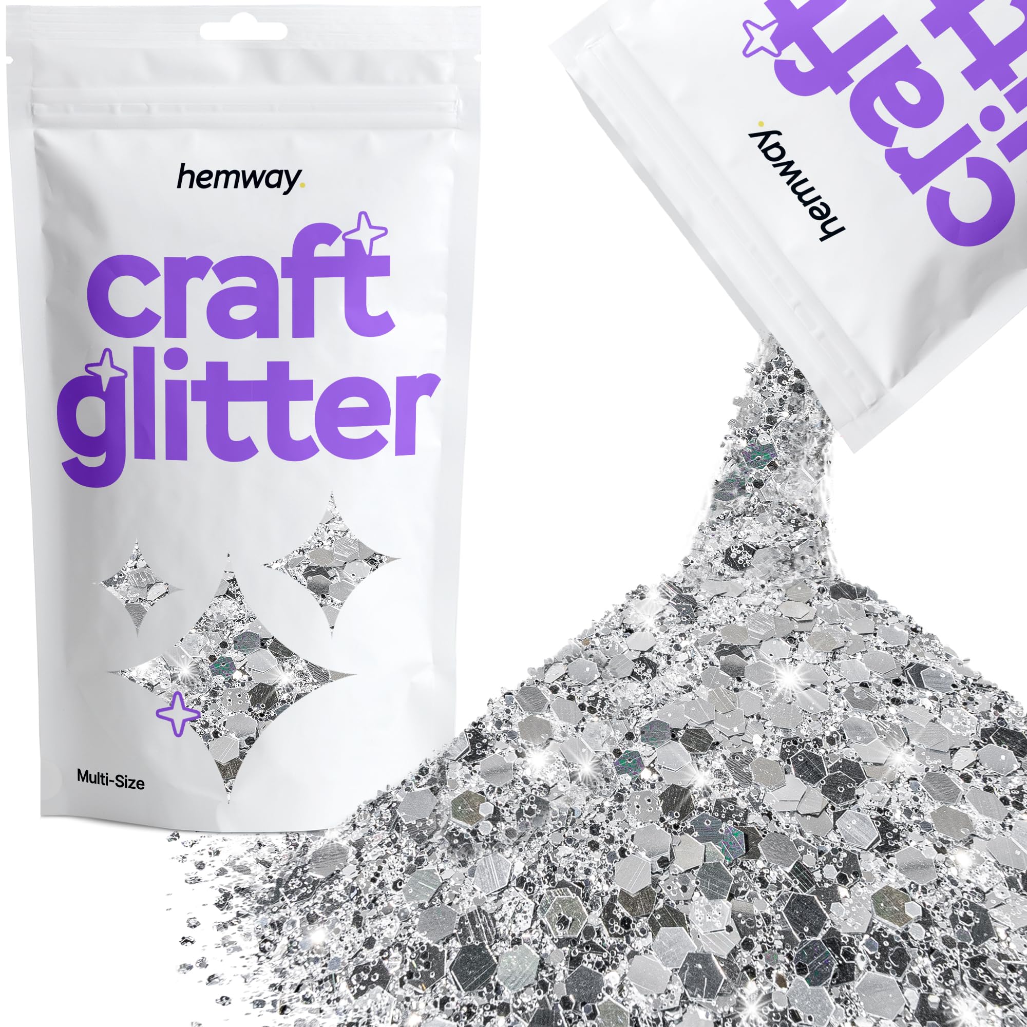 Hemway Craft Glitter Silver 100g Multi Size Glitter for Crafts, Resin, Cosmetic, Nail, Face, Body, Festival, Tumblers, Art, Candle, Crafting