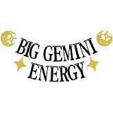 KEWUFD Big Gemini Energy Banner Gemini Season Decor for May/June Birthday Party Decor Sign 12 Constellation Theme Birthday Party Decorations Supplies Black Glitter