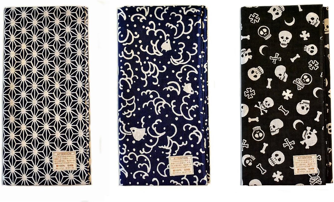 Yagisei Komon Tenugui Towel Set of 2 (Flax Leaf, Namichidori, Skull)