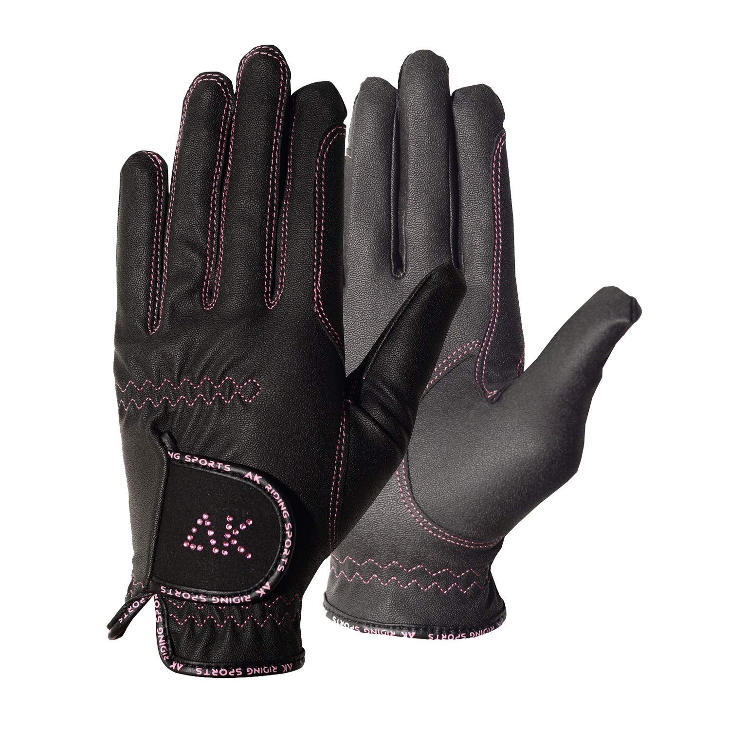 AK Horse Riding Gloves for Ladies & Kids – Equestrian Gloves with Stones, Non-Slip Grip, Breathable & Comfortable – AKRS-6710 (Black/Pink, 2XS)
