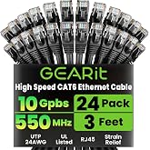 GEARit Cat6 Patch Cables Cat 6 Ethernet Cable 3 ft 24-Pack Black | High Speed 24AWG 10Gbps RJ45 Snagless Gold-Plated, Ethernet Cable for Router, Switch, PC, PS5 Gaming, Server