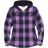 ThCreasa Womens Full Sherpa Lined Plaid Flannel Hooded Jacket with Hand Pockets, Zip Up Fuzzy Hoodie Flannel Shacket