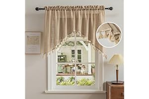 BD BEDA HOME Beda Home Tassel Linen Textured Swag Curtain Valance for Farmhouses’ Kitchen; Light Filtering Rustic Short Swag Topper for Small Windows Bedroom Privacy Added Rod Pocket Design (36W x 36L, Brown)