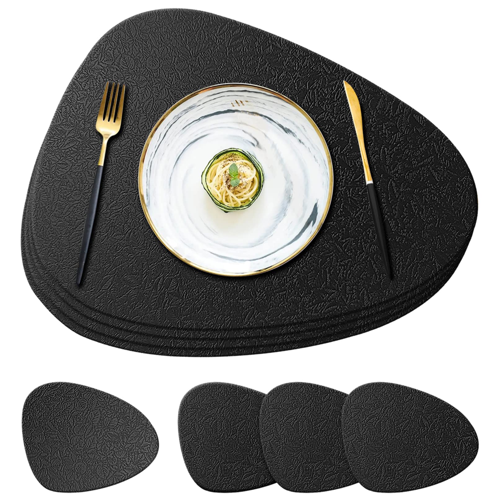 YUNJUER 4 Silicone Table Mats and 4 Coasters, Heat Resistant 450 °F, Washable and Waterproof Place Mat, Leaf Pattern Design, Easy to Clean, Placemats for Kitchen, Restaurant, Hotel, Dining Room, Black