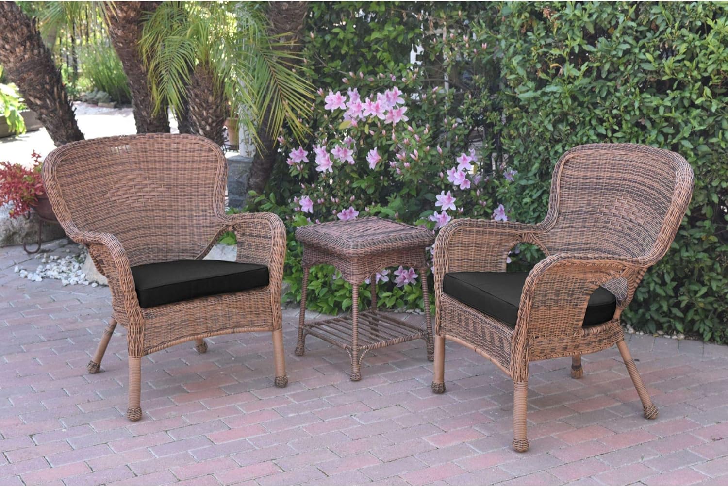 Amazon Com 3 Piece Honey Brown Wicker Outdoor Furniture Patio Conversation Set Black Cushions Garden Outdoor
