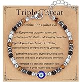 AULSIEY Triple Threat Protection Bracelet for Women,Evil Eye Natural Healing Crystal Beaded Bracelet for Protection