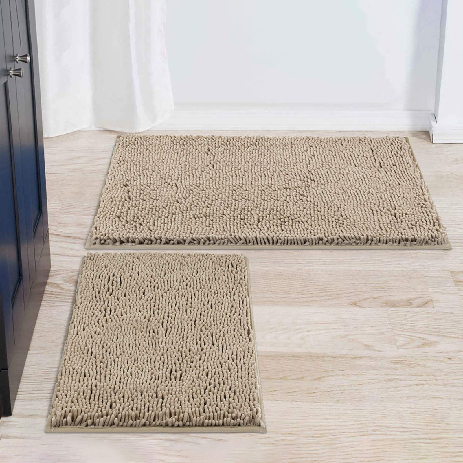 smiry Bathroom Rugs and Mats Set, 2 Piece Chenille Bath Mat Set, Machine Wash Dry, Non Slip Absorbent Shaggy Bath Rug for Bath Room, Shower and Tub (20" x 32"+17" x 24", Beige)