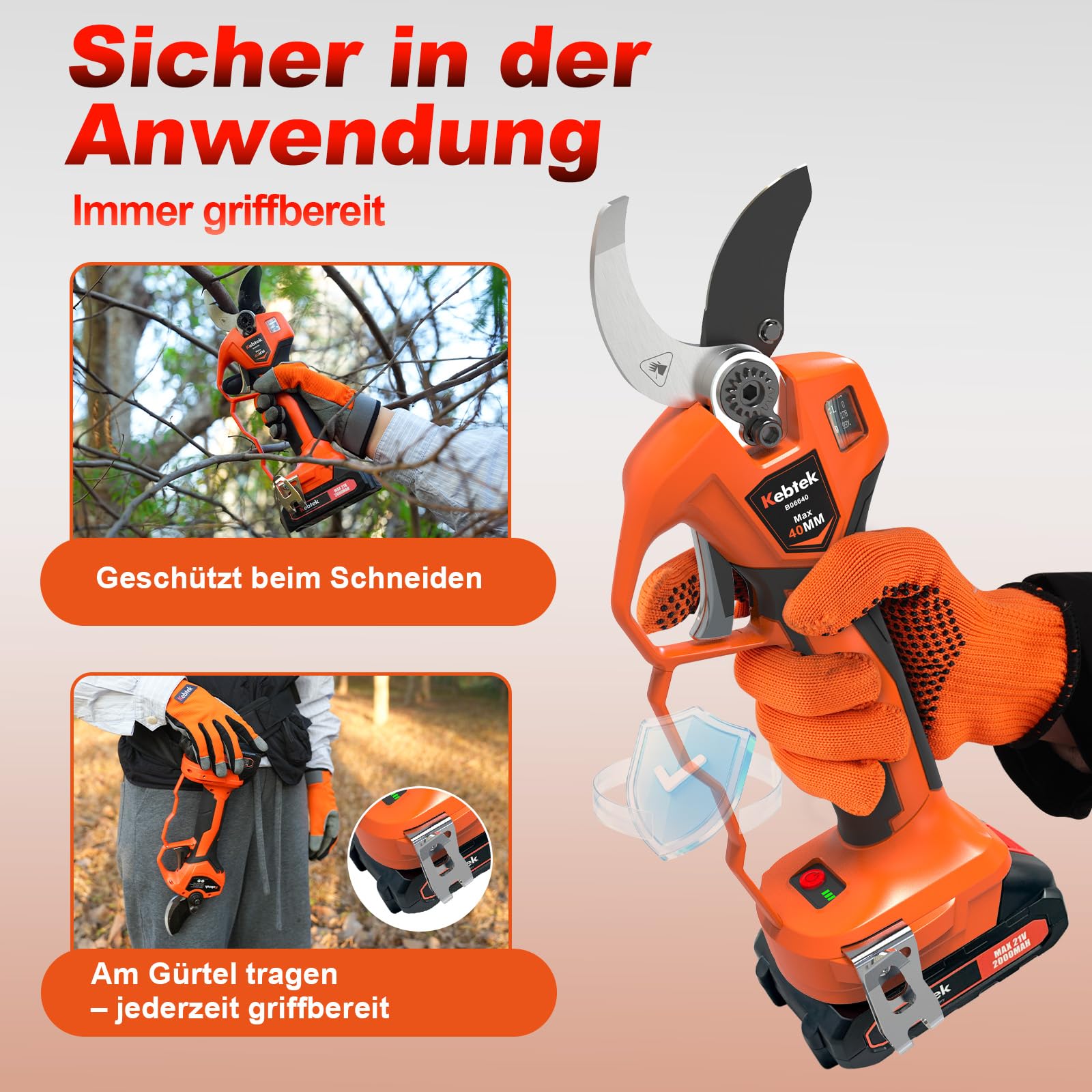 Kebtek B06640 Elektrische Gartenschere mit Akku progressive Schnittfunktion, Max 40mm profi kabellose astschere mit 4000mAh Akku, kompatibel mit Makita 18V Akkus, tragbares Gartengerät 4