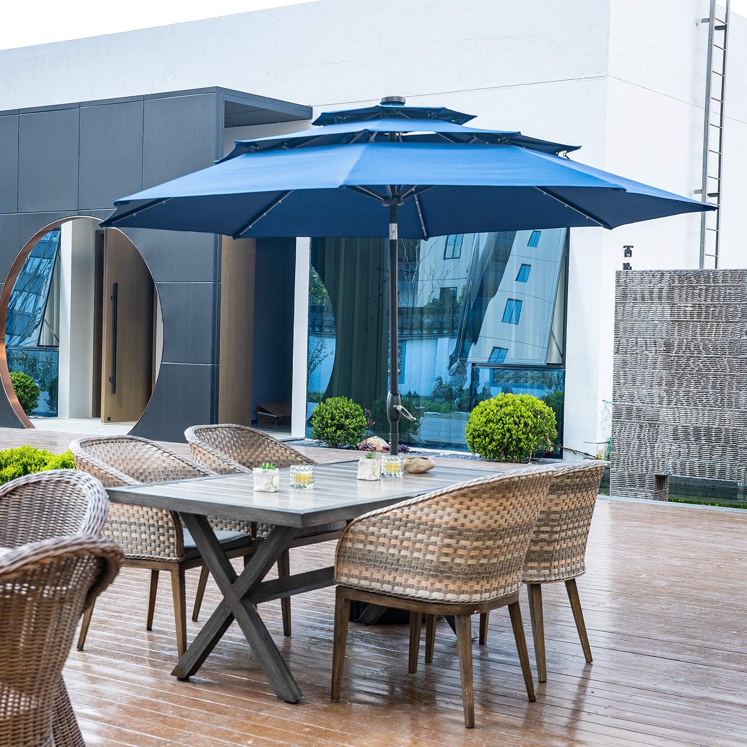 Amazon Com 10ft 3 Tiers Patio Umbrella With Lights Windproof Outdoor Market Umbrella Large Waterproof Table Umbrella With Tilt And Crank Navy Blue Garden Outdoor