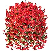 Artificial Hanging Flowers with Basket Outdoors Fake Flowers Plants for Winter Christmas Decor,3PCS Faux Red Silk Morning Glory Flower with Eucalyptus Realistic Vines for Home Porch Patio Balcony Yard