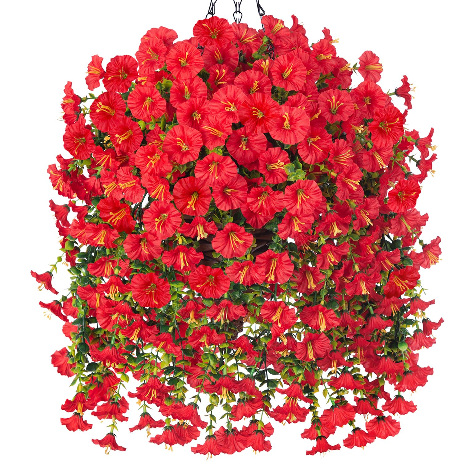 Photo 1 of ****Factory Seal****
Artificial Hanging Flowers with Basket Outdoors Fake Flowers Plants,3 PCS Faux Red Silk Morning Glory Flower with Eucalyptus Leaves Realistic Greenery Vines for Wall Home Porch Patio Balcony Yard