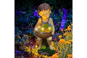 Ottsuls Solar Boy Garden Statue, Waterproof Resin Outdoor Sculpture Decor with Flowers and 4 LED Lights for Patio Yard Lawn Porch Art Decoration Ornament Housewarming Christmas