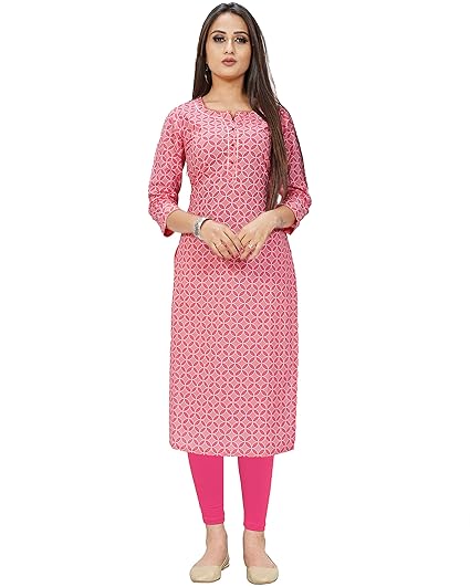Women's Pink Coloured Pure Cotton Jaipuri Printed Kurti (Ready To Wear)
