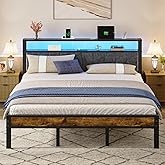 Liians King Size Platform Bed Frame with LED Lights, Grey Upholstered Headboard with 2-Tier Storage Shelves, Charging Station, Noise Free, No Box Spring Needed, Easy Assemably