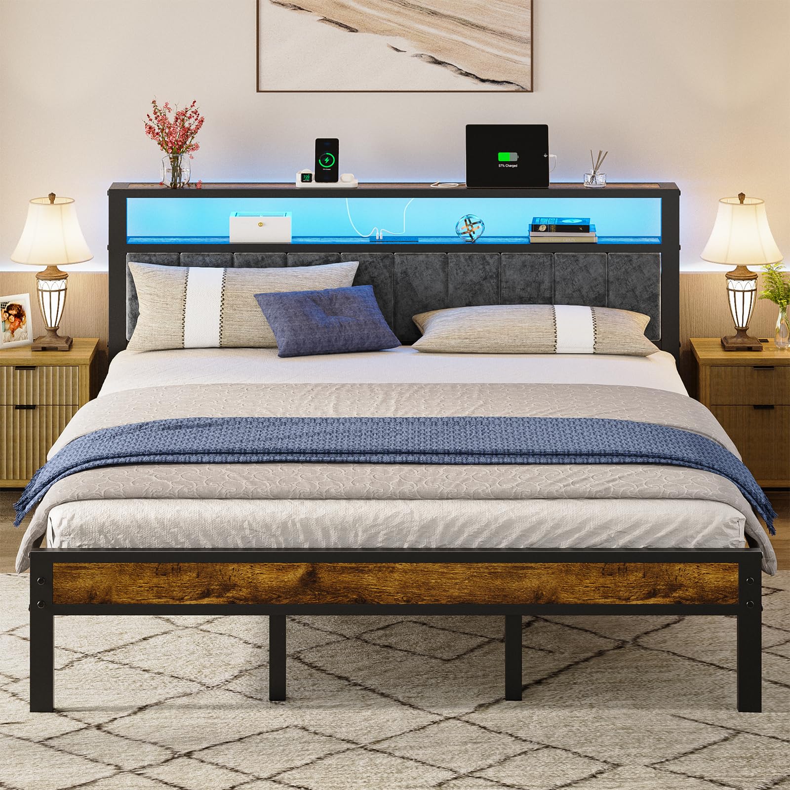 Photo 1 of **BRND NEW ITEM/ MANUAL INCLUDED**  Liians King Size Platform Bed Frame with LED Lights, Grey Upholstered Headboard with 2-Tier Storage Shelves, Charging Station, Noise Free, No Box Spring Needed, Easy Assemably