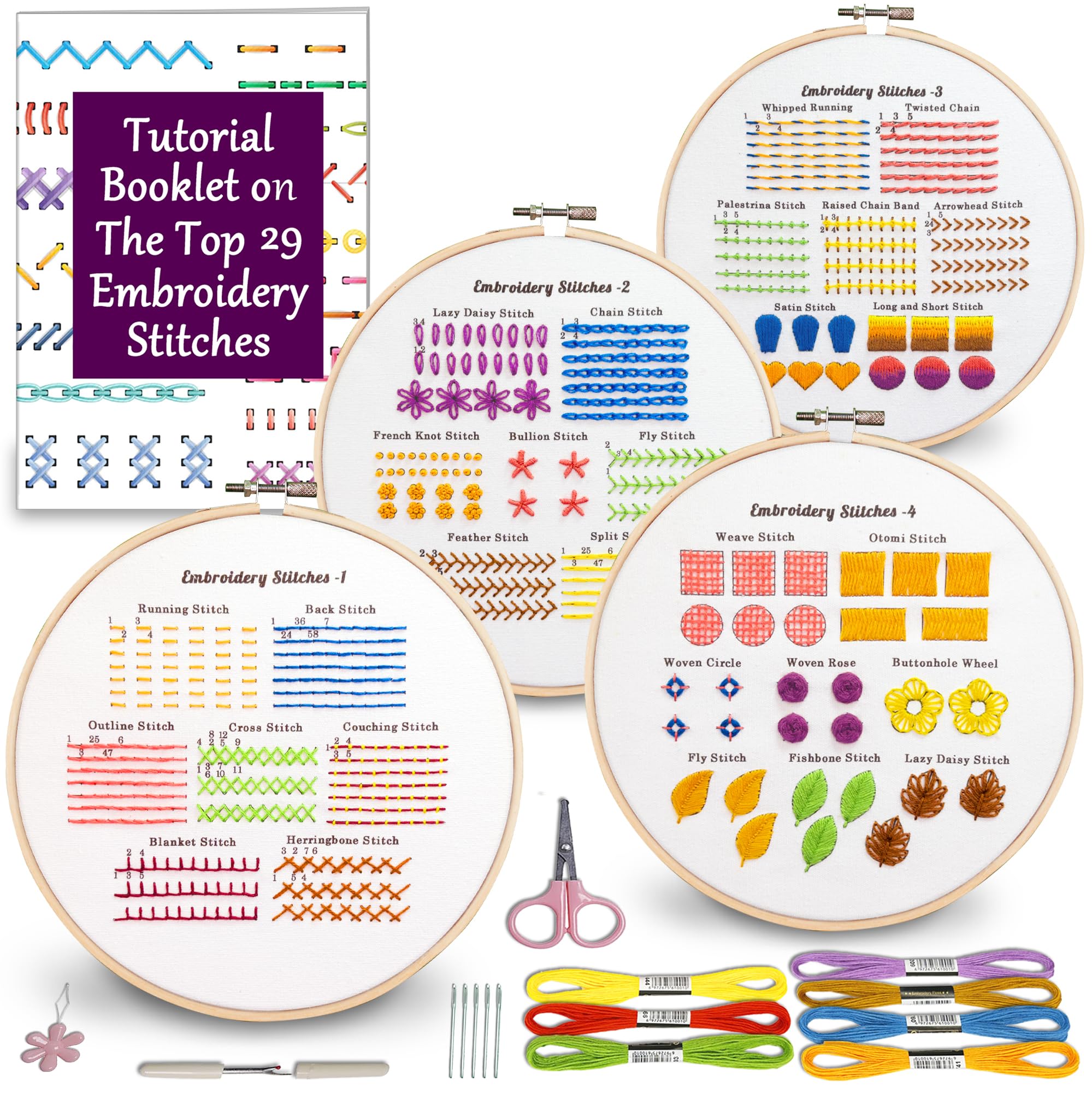 Photo 1 of Bradove Classic Embroidery Stitches Practice Kit, Embroidery Kit for Beginners with Stamped Embroidery Patterns, Beginner Embroidery Kit for Adults, Hand Embroidery Kit for Kids, Stitches Kit