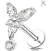 MeIighting 16G Sterling Silver 925 Butterfly Helix Earring Internally Threaded Flat Back Earring 6/8 mm Dangle Cartilage Earring Clear CZ Tragus Earring for Women