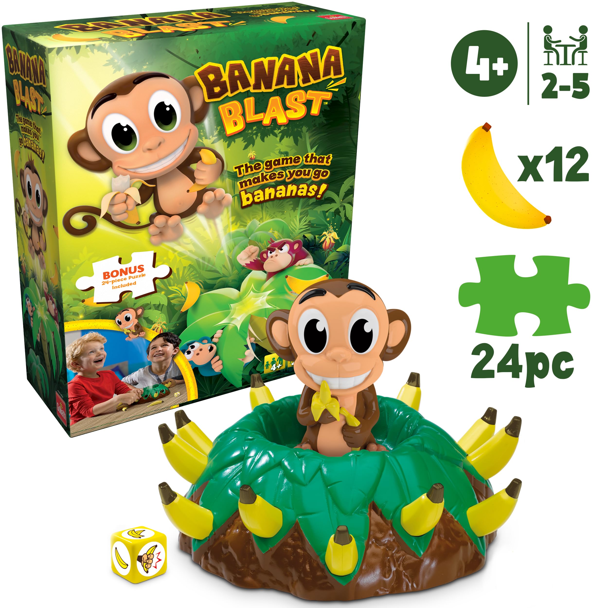 Banana Blast - Pull The Bananas Until The Monkey Jumps Game - Includes a Fun Colorful 24pc Puzzle by Goliath , Green