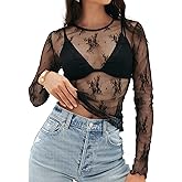 MEROKEETY Womens 2026 Long Sleeve Lace Sheer Mesh Tops Undershirt Sexy See Through Going Out Crewneck Blouse Shirts