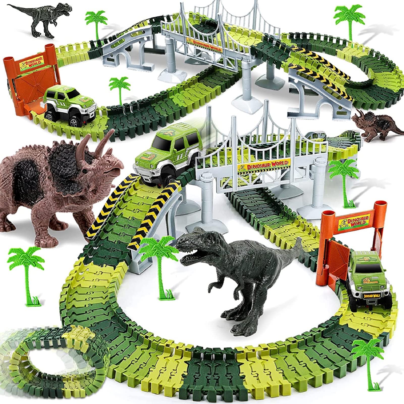 Dinosaur Toys for 3-7+ Year Old Boys Girls, Flexible Tracks Race Car Set, World Road Race Birthday Gift for Kids Aged 3-5
