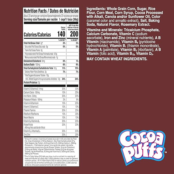 COCOA PUFFS, CHOCOLATE BREAKFAST CEREAL WITH WHOLE GRAINS, GIANT SIZE, 25.8 OZ