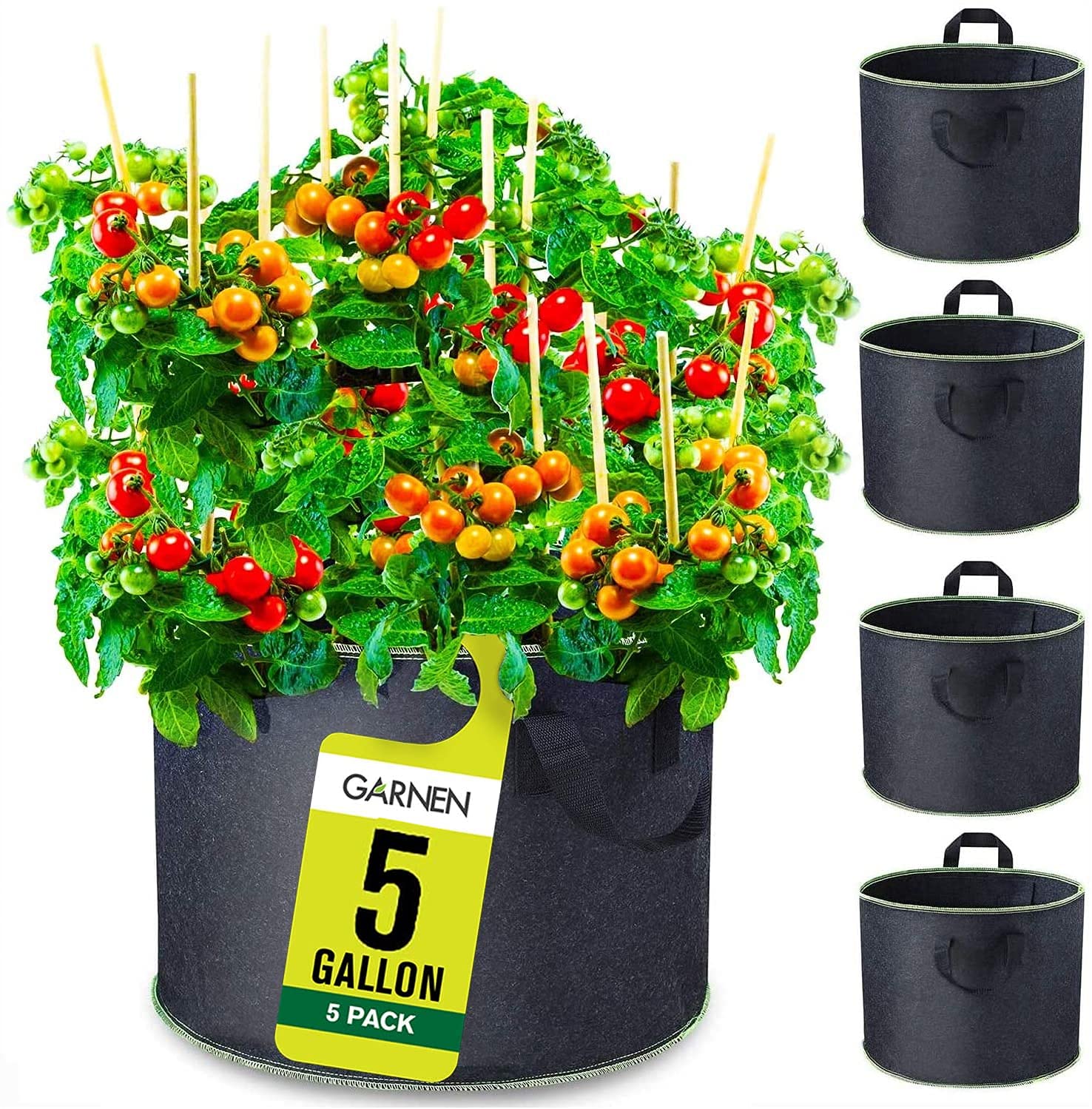 Fosmon Garnen 5 Gallon Garden Grow Bags (5 Packs), Vegetable/Flower/Plant Growing Bags, Heavy Duty Thickened Nonwoven Fabric Pots Planter with Reinforced Handles for Outdoor and Indoor Planting