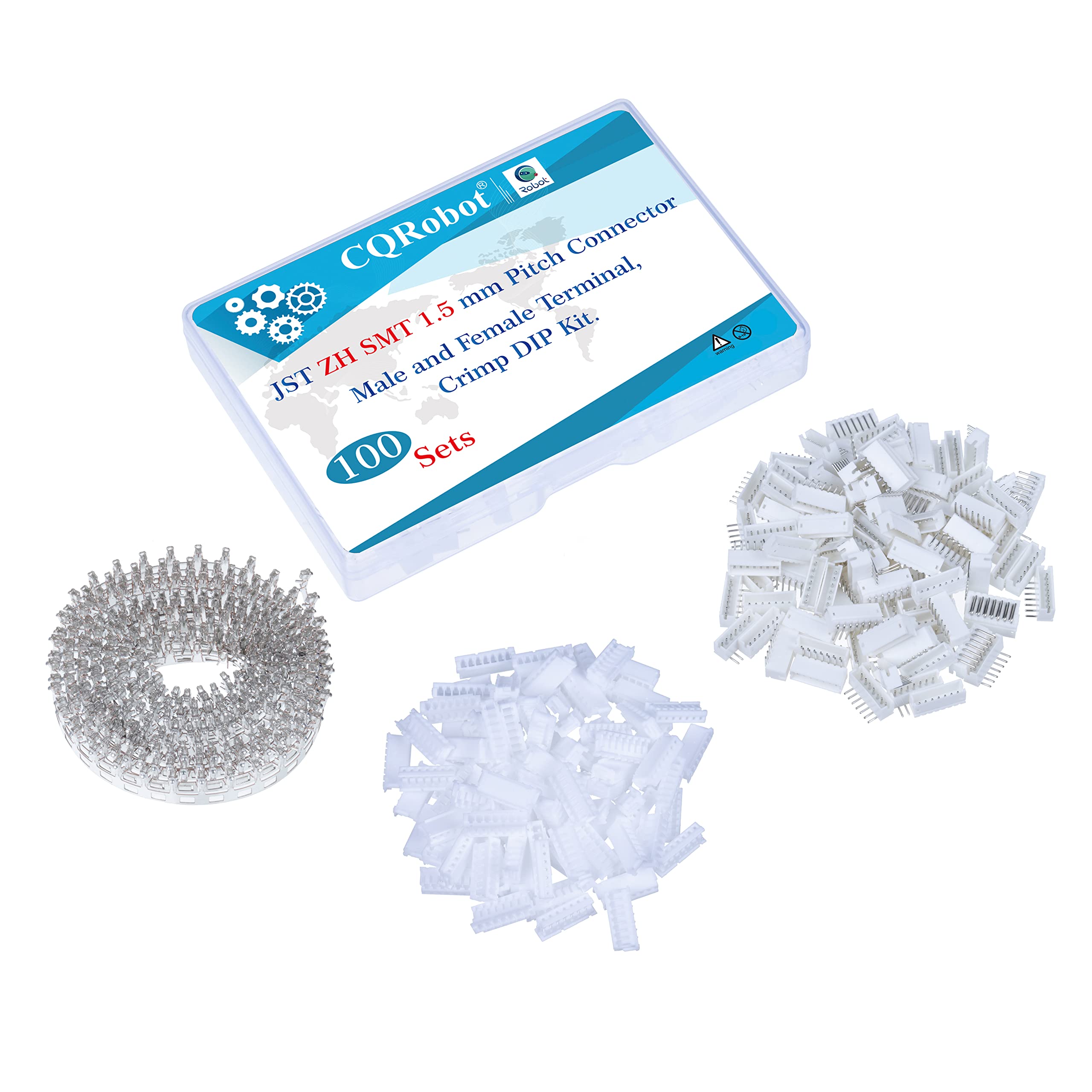 CQRobot JST ZH SMD 1.5 mm Pitch 7-Pin Electronic Computer Connector IC Male Plugs, Female Sockets Housing and T-Shaped Crimp Terminal Kit. 100 Sets/900 Pieces Wire-to-Board Adapter Cable Assembly.