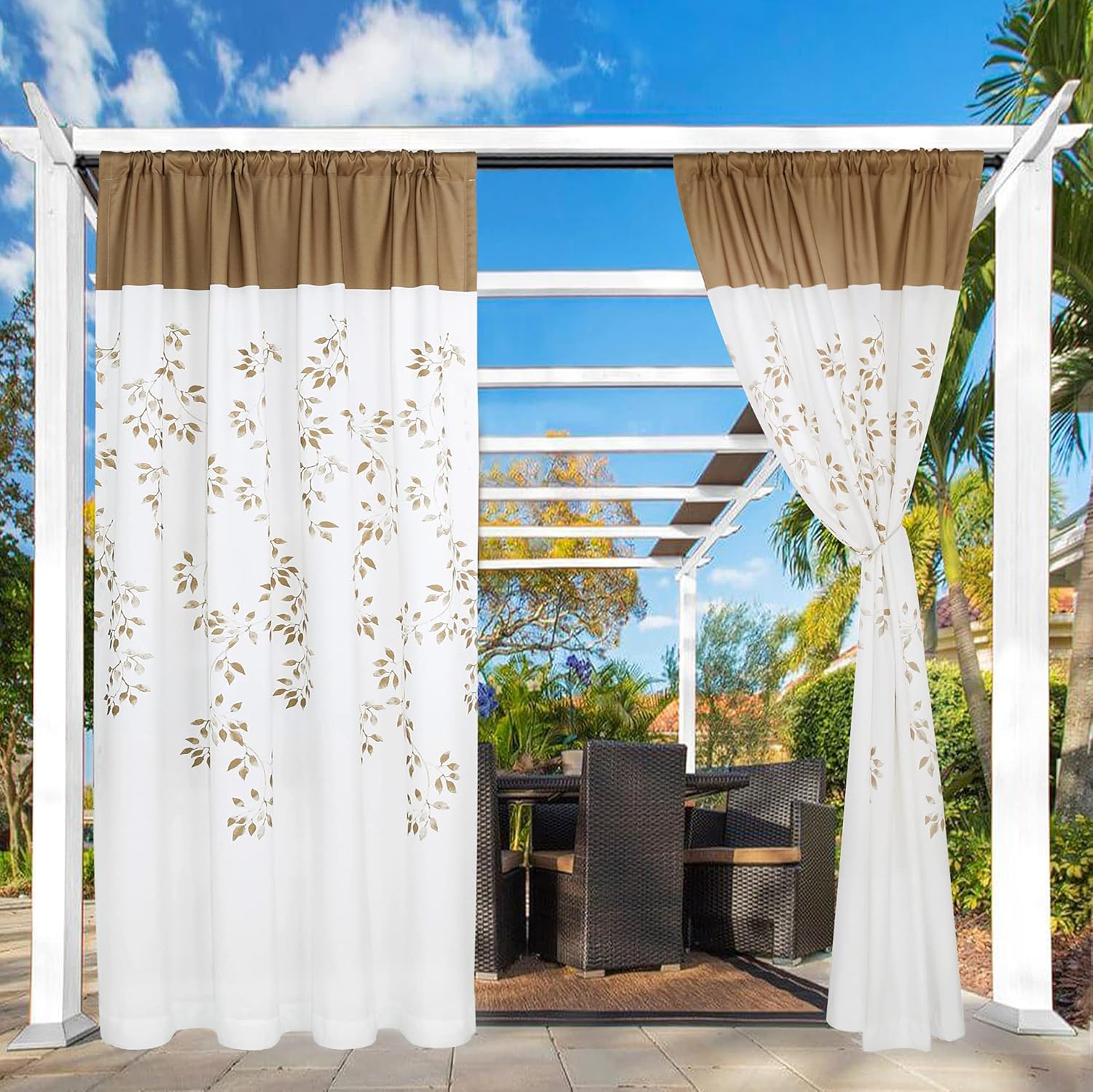 Outdoor Curtains - BONZER Waterproof Indoor/Outdoor Curtains for Patio with Leaf Printed Design Reversible Rod Pocket Drapes for Bedroom, Living Room, Porch, Cabana, Pergola, 52x95 Inch, Taupe, Set of 2 Panels