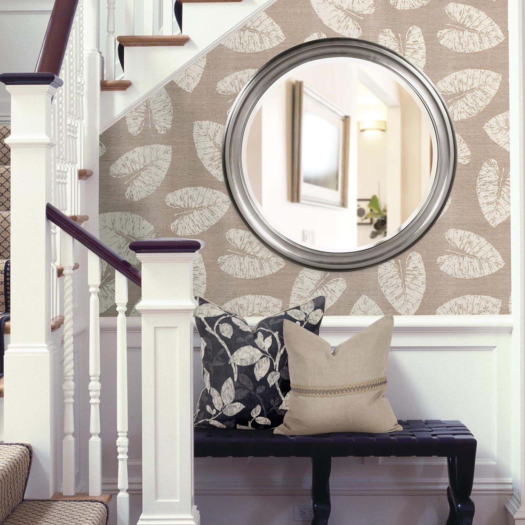 Howard Elliott George Round Glossy Nickel Wall Mirror, Bevelled Vintage Hanging Wood Framed Vanity Mirrors for Home Decor, Living Room, Bathroom, Bedroom, or Hallway, 36 Inch Round