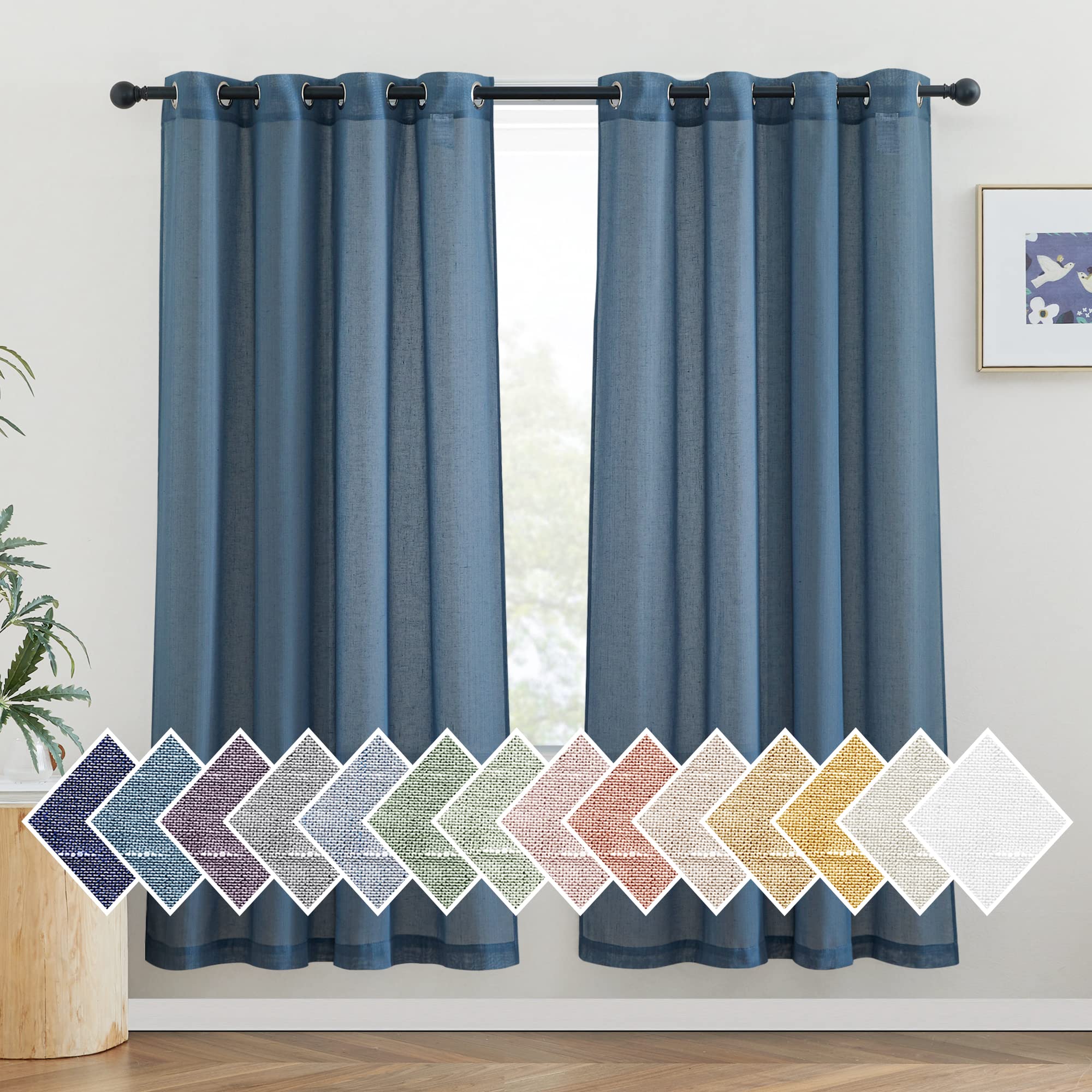 Photo 1 of NICETOWN Flax Linen Sheer Curtains for Bedroom, Grommet Linen Blend Semi Sheer Vintage Curtains & Drapes Privacy with Light Filtering for Living Room, Stone Blue, 52" W x 72" L, Set of 2