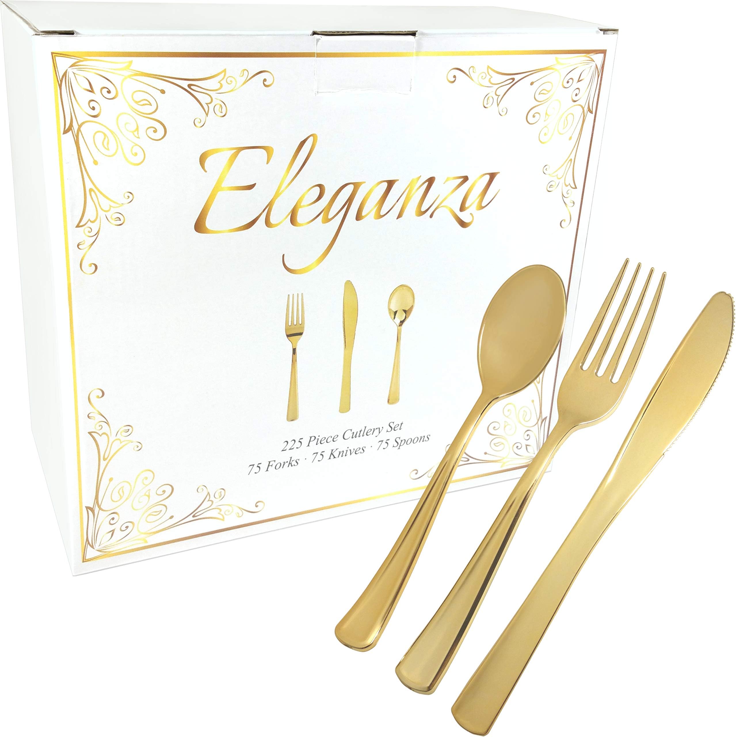 225 Piece Disposable Plastic Cutlery Set in Gold by Eleganza - Seats 75 Guests - Silverware Flatware Tableware for Weddings and Special Occasions