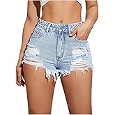 COZYEASE Women's Ripped Raw Trim Denim Shorts Plain Zipper Fly Straight Leg Jean Shorts