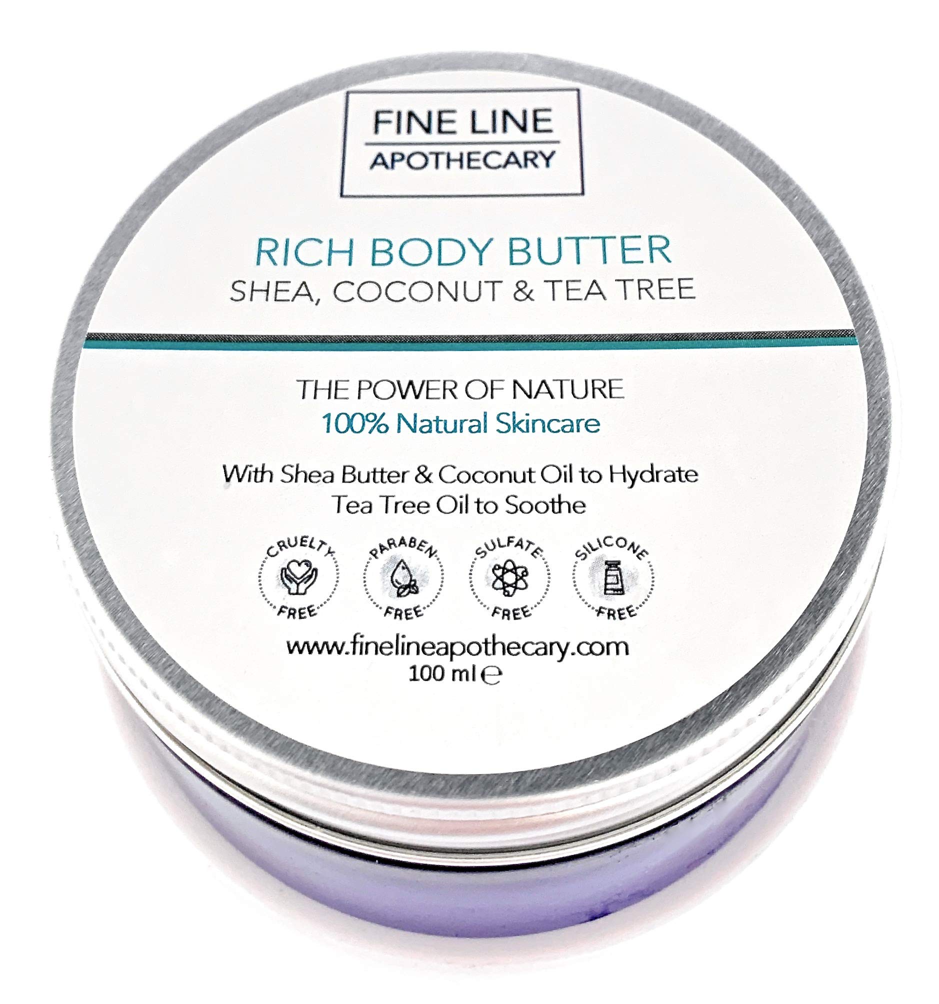 Fine Line Apothecary Multi-Purpose Raw Shea Body Butter – 100% Natural – With Coconut & Tea Tree – Nourishing Balm for Skin, Hair, Scalp & Nails – 100ml