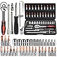 46 PCS Socket Wrench Set, Mechanic Tool Kit Quick-release Ratchet, 1/4" Drive Bit Metric Combination Tools for Auto Repairing & Household with Storage Case