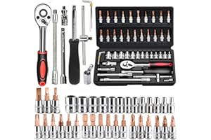 CUNHUY 46 PCS Socket Wrench Set, Mechanic Tool Kit Quick-release Ratchet, 1/4" Drive Bit Metric Combination Tools for Auto Repairing & Household with Storage Case