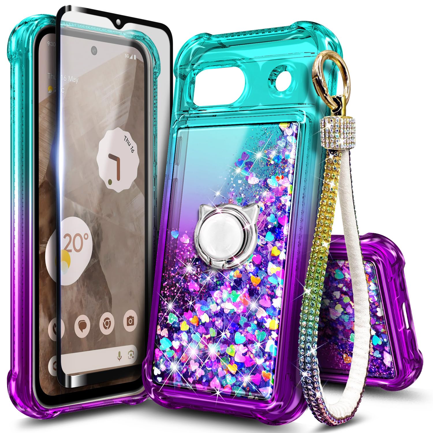 Photo 1 of WDHD Compatible with Google Pixel 8A Case Aqua/Purple | Glitter Floating Liquid Waterfall Cute Phone Cover with Tempered Glass Screen Protector & Ring Holder/Diamond Wrist Strap Lanyard