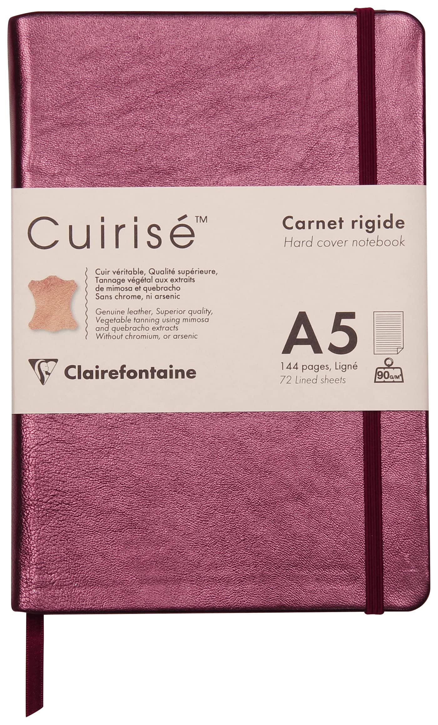 Clairefontaine 400100C - One Notebook - Made of Genuine Lambskin Leather Hard Cover - 144 Ruled Pages - Dimensions: 14.8x21 cm (A5) - Cherry Leatherette