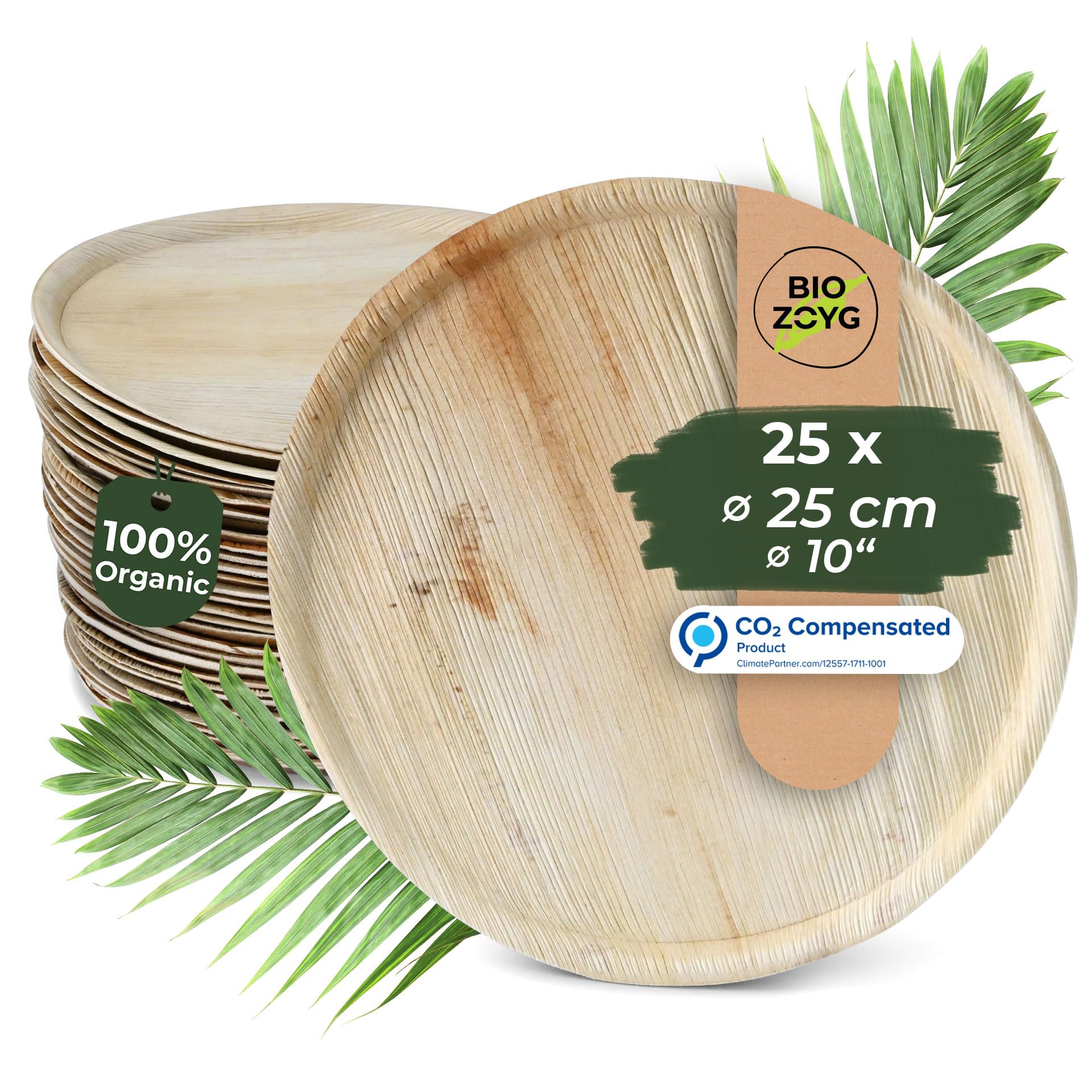 BIOZOYG 25x Palm Leaf Pizza Plate Diameter Ø 25 cm Round - Disposable Pizza Serving Board with Rim, Compostable Serving Plate - Sustainable Party Tableware