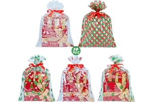 CubesLand Christmas Cellophane Gift Bags for Wrap Gift Basket,17.71"x23.62"Christmas Goody Bags 3 Mil Thick Clear Cellophane Wrap Bag,Xmas Gift Bags,Holiday Party Favors Bags,10 Pcs 5 Designs